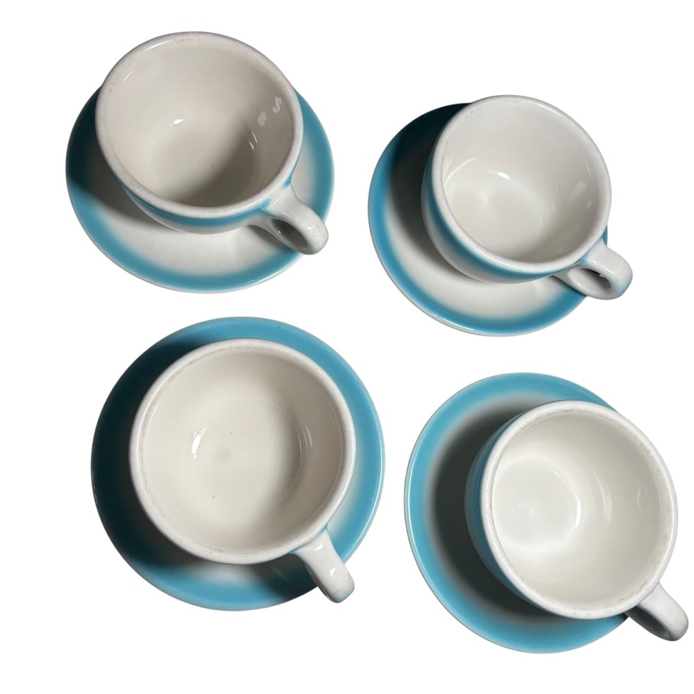 Coffee Cup Saucer Set Blue Buffalo China Vintage Diner Restaurant Ware 8pc USA